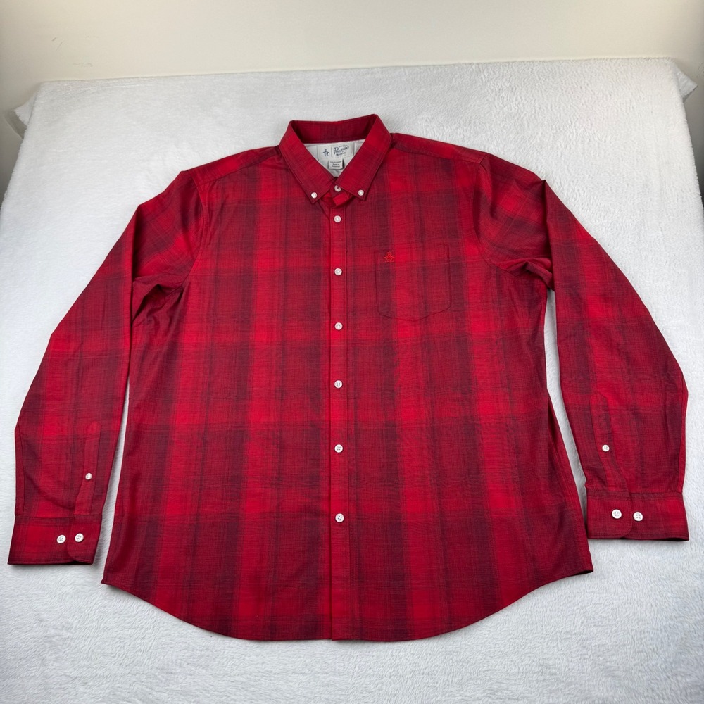 Original Penguin Button Down Shirt Mens XXL Red Plaid Long Sleeve Logo